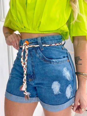 Short Jeans Destroyed Cinto Colorido